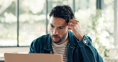 Buy stock photo Man, reading or confused at desk with laptop, email or digital solution for project. Tech, serious person or website developer at office with antivirus, cybersecurity or problem solving for deadline.