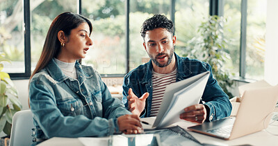 Buy stock photo Home, documents and couple with laptop, conversation and planning finance with savings. Apartment, paperwork and man with woman, pc and expenses with budget, mortgage payment and bills with assets