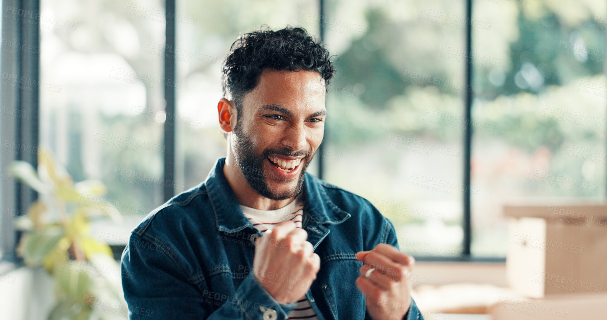 Buy stock photo Happy, man or winning in home office at startup with laugh, development and excited for good news. Smile, entrepreneur and small business owner with fist pump for sales profit, growth and success.