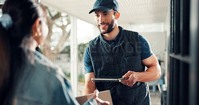Buy stock photo Package, woman or delivery man with tablet at front door for supply chain, box exchange or shipping. Courier service, happy worker and customer with tech in home for parcel distribution and ecommerce