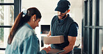 Box, delivery man and woman with tablet at front door for digital signature, supply chain or package. Courier service, employee and customer with tech in home for parcel distribution and confirmation