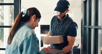 Buy stock photo Box, delivery man and woman with tablet at front door for digital signature, supply chain or package. Courier service, employee and customer with tech in home for parcel distribution and confirmation