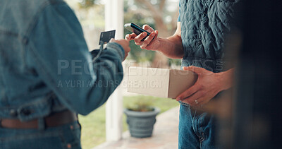 Buy stock photo Hands, courier and credit card at front door with payment, box and easy transaction at apartment. People, delivery and pos with fintech, shipping service or cardboard package for ecommerce at house