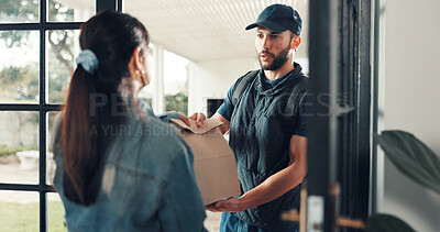 Buy stock photo Woman, delivery man and package at front door, home and thank you for fast food, shopping or deal. Person, courier and paper bag with customer experience, ecommerce and shipping services at house