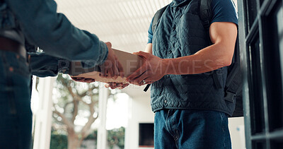 Buy stock photo Delivery, hands and package with people in home for direct to door postal service or shipping. Box, ecommerce or giving with courier person and customer at entrance to apartment to complete order