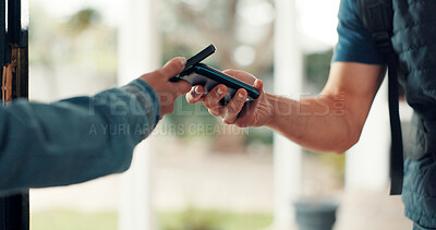 Buy stock photo Hands, delivery and credit card at front door with payment, box and easy transaction at apartment. People, courier and pos with fintech, shipping service or cardboard package for ecommerce at house