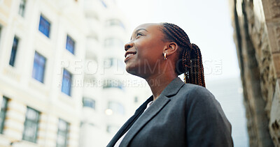 Buy stock photo Business woman, thinking and realtor with vision in city for corporate settlement or development. Low angle, female person or real estate agent with smile or ambition for property investment in town