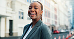Portrait, business and black woman laugh in city as corporate lawyer, about us or opportunity. African professional, funny attorney and outdoor as legal advisor, happy and confident worker in Nigeria