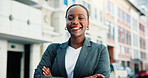 Portrait, business and black woman with confidence in city as real estate lawyer, about us or pride. African professional, smile or arms crossed outdoor, legal advisor or property attorney in Nigeria