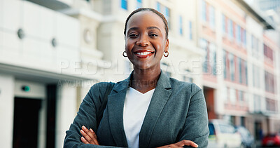 Buy stock photo Portrait, business and black woman with confidence in city as real estate lawyer, about us or pride. African professional, smile or arms crossed outdoor, legal advisor or property attorney in Nigeria
