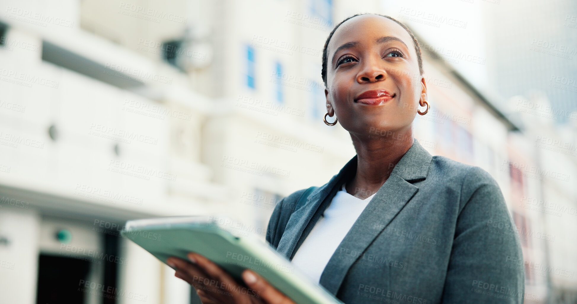 Buy stock photo Business, tablet and black woman in city for property investment, thinking and idea. Technology, internet and real estate agent online for urban infrastructure, evaluation and outdoor for commute