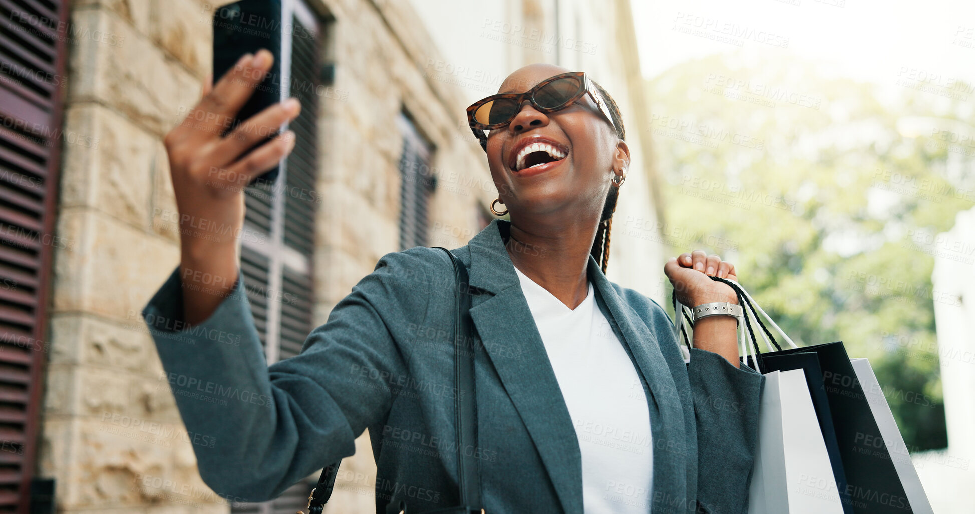 Buy stock photo Happy, black woman or selfie with shopping bag in city for photography, picture or memory. Female person, African shopper or smile with sunglasses or gifts for capture moment or post in an urban town