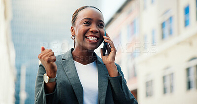 Buy stock photo Fist, happy and woman in city with phone call, career success and achievement in business goals. Excited, celebration and female person with tech, job promotion and bonus for professional milestone 