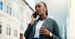 Business woman, phone call and property developer in city, landholding or sale negotiation outdoor. Black person, urban development or real estate investment with communication or mobile conversation