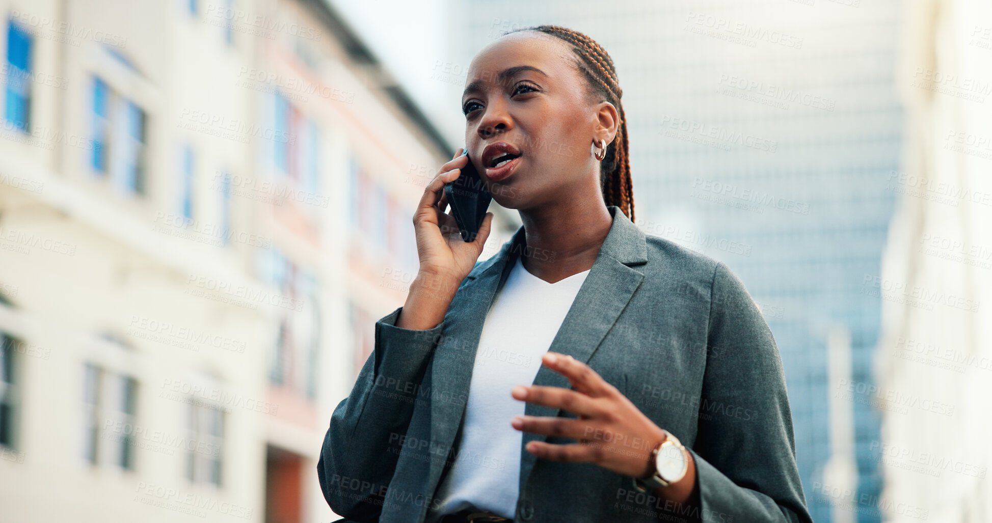 Buy stock photo Business woman, phone call and property developer in city, landholding or sale negotiation outdoor. Black person, urban development or real estate investment with communication or mobile conversation