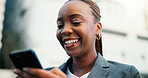 Business, smartphone and black woman in city, smile and message to contact, trading and internet. Outdoor, employee and African person with cellphone, network and app for investment and connection