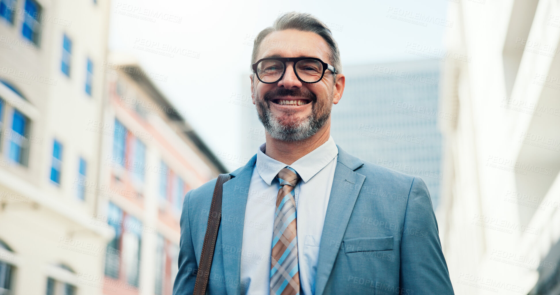 Buy stock photo Portrait, mature businessman and smile in city as real estate lawyer, about us or pride. Happy professional, glasses and confident legal advisor, property attorney and consultant outdoor in USA