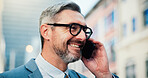 Happy man, phone call and property developer in city, business or sale negotiation outdoor. Mature person, urban development or real estate investment with communication and mobile conversation