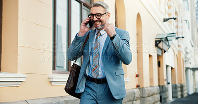 Buy stock photo Fist, happy and man in city with phone call, career success and achievement in business goals. Smile, celebration and person with technology, job promotion and bonus for professional milestone.