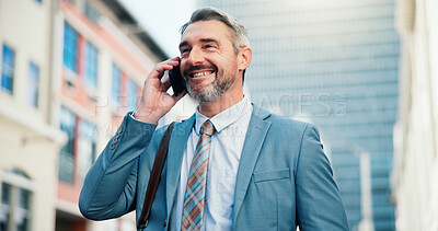 Buy stock photo Happy man, call and property developer in city, business travel or sale negotiation outdoor. Mature person, urban development or real estate investment with communication and mobile chat on commute
