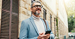City, phone and thinking with business man outdoor to search for directions to work location. App, idea and travel with mature employee downtown for communication or planning journey to destination