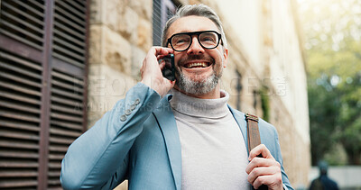 Buy stock photo Phone call, success and mature man in city with smile, networking or approval in client deal. Happy, conversation and consultant on sidewalk with mobile, strategy brief or agreement for stakeholder.
