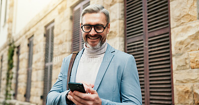 Buy stock photo City, phone and travel with business man outdoor to search for directions to work location. App, commute and map with mature employee downtown for communication or planning journey to destination