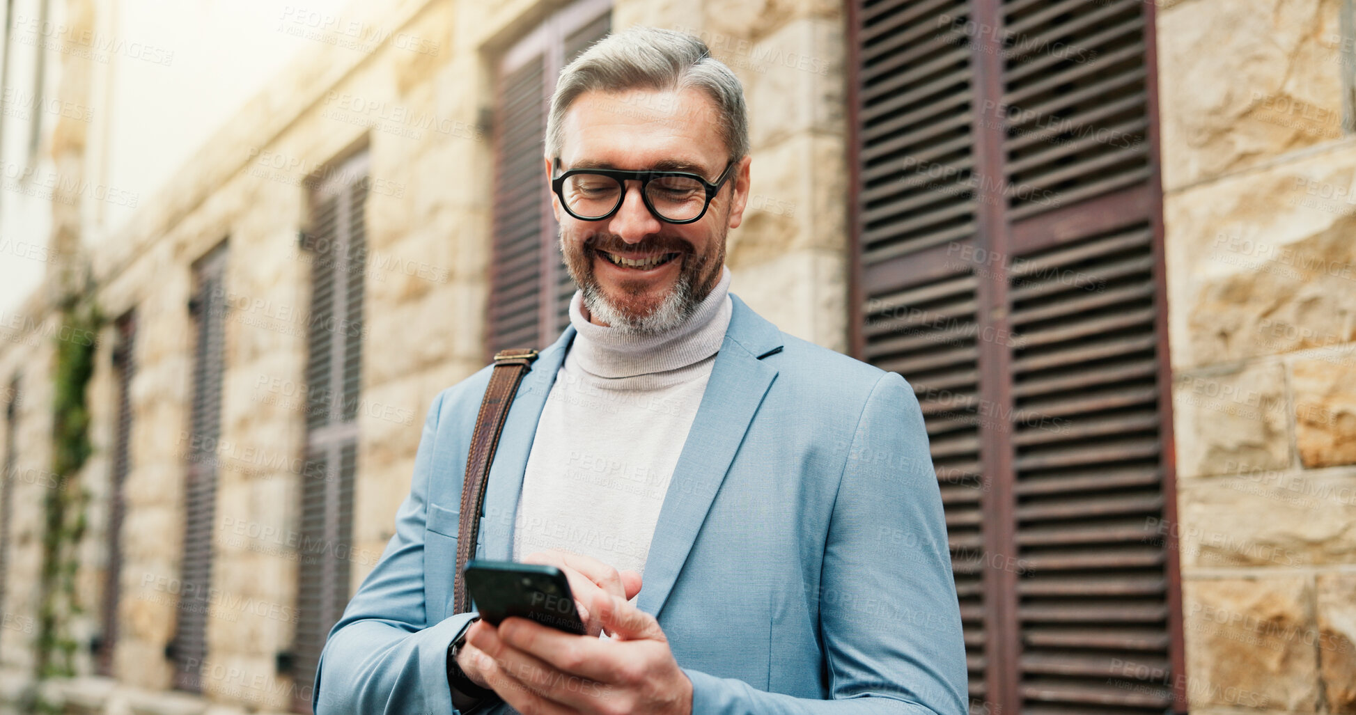 Buy stock photo City, phone and travel with business man outdoor to search for directions to work location. App, commute and map with mature employee downtown for communication or planning journey to destination