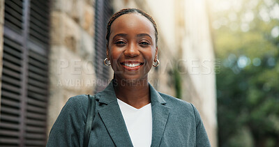 Buy stock photo Portrait, business and happy black woman in city as real estate lawyer, about us or pride. African professional, smile or confident legal advisor, property attorney or consultant outdoor in Nigeria