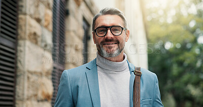 Buy stock photo Portrait, smile and man in city with flare, site and zone selection for development project. Happy, real estate and architect in town with confidence, permit and land analysis for new infrastructure.