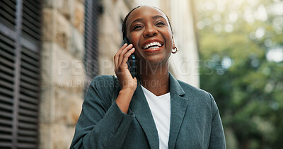 Buy stock photo Phone call, lawyer and black woman with laugh, communication and commute for legal deal. Travel, feedback and business attorney with conversation for law case, discussion and trip in urban city