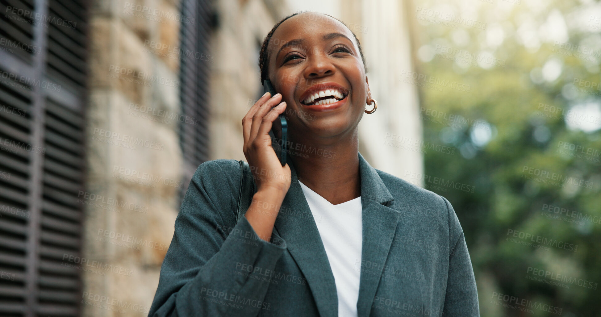 Buy stock photo Phone call, lawyer and black woman with laugh, communication and commute for legal deal. Travel, feedback and business attorney with conversation for law case, discussion and trip in urban city
