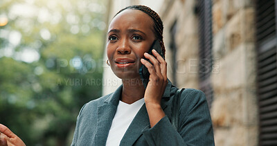 Buy stock photo Commute, delay and phone call with business black woman outdoor for communication or travel. Conversation, late and waiting with unhappy employee downtown for planning, problem solving or resolution