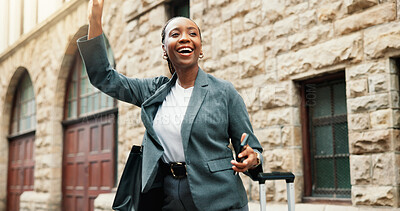 Buy stock photo City, gesture and taxi with business black woman outdoor for commute, ride share or travel. Building, sidewalk and stop with corporate employee hailing cab downtown for transportation to work