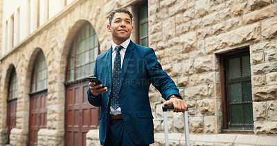 Buy stock photo Business, suitcase and man in city, smartphone and waiting with communication, travel and internet. Outdoor, thinking and person with luggage, cellphone and app for transport services and commute