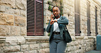 Businesswoman, phone call and check watch outdoor for meeting schedule, time management or commute. Walking, black person and speaking to client for appointment info, travel delay and communication