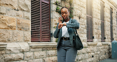 Buy stock photo Businesswoman, phone call and check watch outdoor for meeting schedule, time management or commute. Walking, black person and speaking to client for appointment info, travel delay and communication