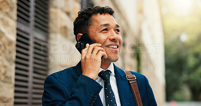 Buy stock photo Phone call, lawyer and businessman with smile, communication and commute for legal deal. Travel, thinking and business attorney with conversation for law case, discussion and trip in urban city