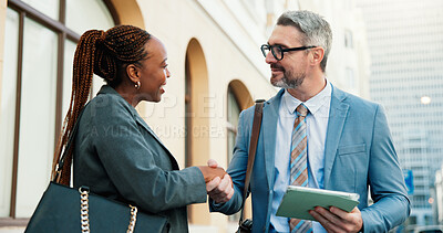 Buy stock photo Happy, people or tablet with handshake in city for welcome, client representation and legal support. Tech, woman and defense attorney with shaking hands outdoor for trial hearing and case agreement