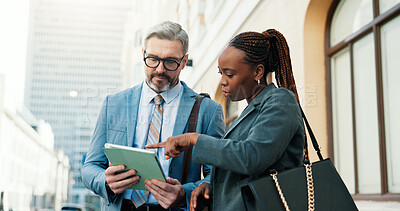 Buy stock photo Lawyers, people and tablet in city with discussion for court prep, litigation or judicial policy online. Review case notes, team or mature man and woman outdoor, tech and ready for legal hearing