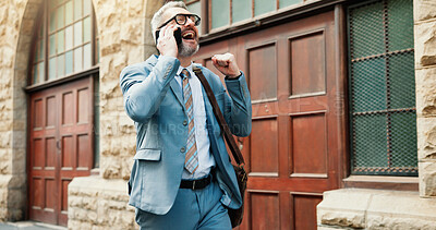 Buy stock photo Fist, excited and man in city with phone call, career success and achievement in business goals. Happy, celebration and person with technology, job promotion and bonus for professional milestone.