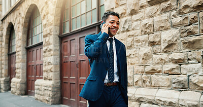 Buy stock photo Happy, lawyer and walking on street with phone call for client lawsuit, communication and settlement agreement. Court case, man and mobile discussion for contract, legal system and justice for trial.