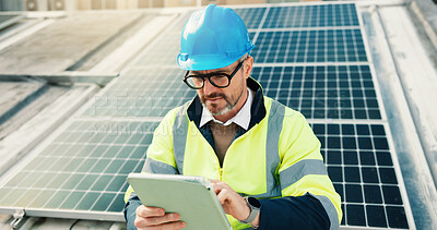 Buy stock photo Roof, solar panel and tablet with construction worker man in city for installation or inspection. App, building and infrastructure with mature person outdoor photovoltaic or power source maintenance