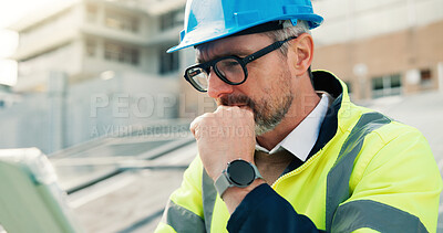 Buy stock photo Man, engineer and thinking with tablet in city for solar power installation or sustainable energy. Mature, male person or technician with technology or helmet for project or renewable environment