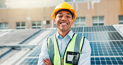 Buy stock photo Solar panel, happy man and portrait of engineer on roof in city with confidence. Photovoltaic electrician, smile and  technician with renewable power, sustainable electricity and clean energy outdoor