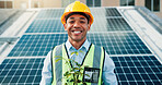 Solar panel, happy man and portrait of engineer with plant on roof in city for clean energy. Photovoltaic electricity, smile and technician with renewable power, environment and eco friendly leaves