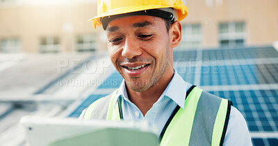 Buy stock photo Roof, solar energy and tablet with construction worker man in city for installation of panels. App, building and infrastructure with happy person outdoor photovoltaic or power source maintenance