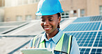 Roof, solar energy and tablet with black woman in city for installation of panels. App, building and infrastructure with happy construction worker outdoor photovoltaic or power source maintenance
