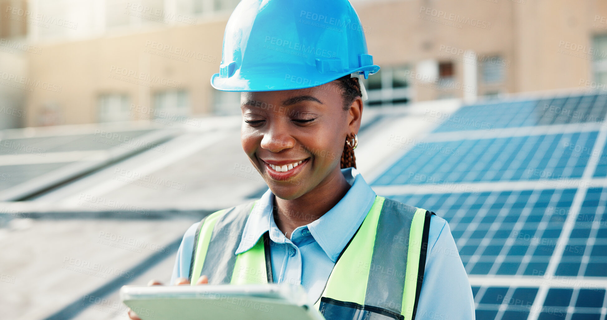 Buy stock photo Roof, solar energy and tablet with black woman in city for installation of panels. App, building and infrastructure with happy construction worker outdoor photovoltaic or power source maintenance