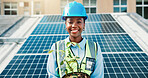 Solar panel, black woman and portrait of technician with plant on roof in city for clean energy. Photovoltaic electricity, smile and engineer with renewable power, environment and eco friendly leaves